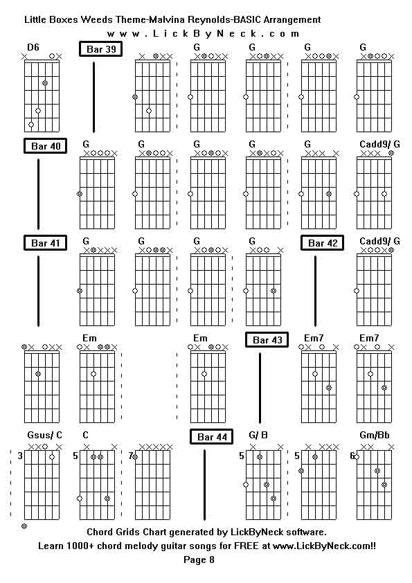 Chord Grids Chart of chord melody fingerstyle guitar song-Little Boxes Weeds Theme-Malvina Reynolds-BASIC Arrangement,generated by LickByNeck software.